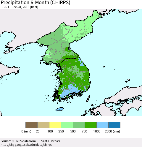 Korea Precipitation 6-Month (CHIRPS) Thematic Map For 7/1/2019 - 12/31/2019