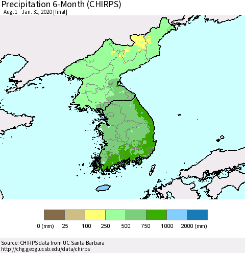 Korea Precipitation 6-Month (CHIRPS) Thematic Map For 8/1/2019 - 1/31/2020