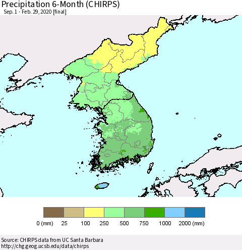 Korea Precipitation 6-Month (CHIRPS) Thematic Map For 9/1/2019 - 2/29/2020