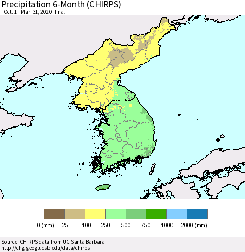 Korea Precipitation 6-Month (CHIRPS) Thematic Map For 10/1/2019 - 3/31/2020