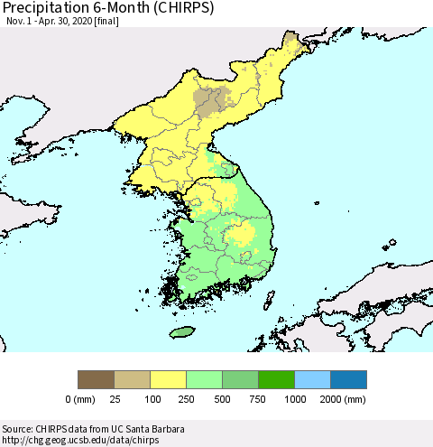 Korea Precipitation 6-Month (CHIRPS) Thematic Map For 11/1/2019 - 4/30/2020