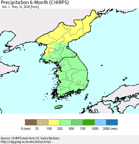 Korea Precipitation 6-Month (CHIRPS) Thematic Map For 12/1/2019 - 5/31/2020