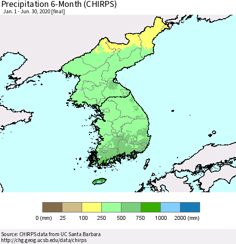 Korea Precipitation 6-Month (CHIRPS) Thematic Map For 1/1/2020 - 6/30/2020