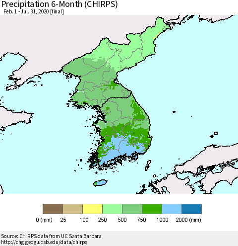 Korea Precipitation 6-Month (CHIRPS) Thematic Map For 2/1/2020 - 7/31/2020