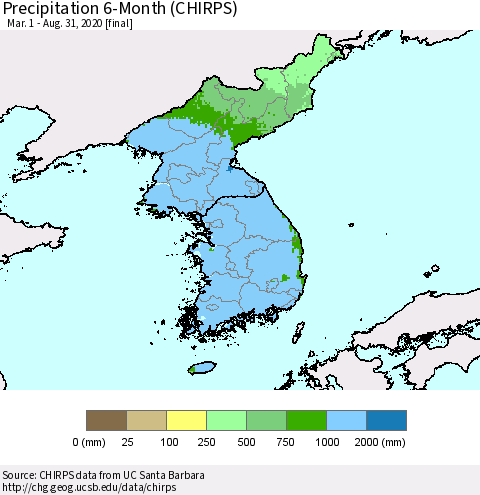 Korea Precipitation 6-Month (CHIRPS) Thematic Map For 3/1/2020 - 8/31/2020