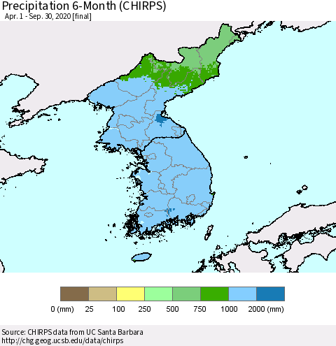 Korea Precipitation 6-Month (CHIRPS) Thematic Map For 4/1/2020 - 9/30/2020