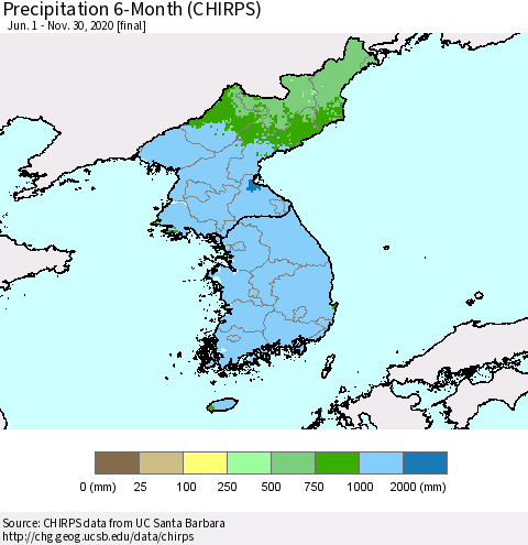 Korea Precipitation 6-Month (CHIRPS) Thematic Map For 6/1/2020 - 11/30/2020