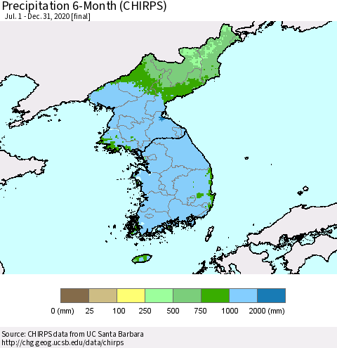 Korea Precipitation 6-Month (CHIRPS) Thematic Map For 7/1/2020 - 12/31/2020