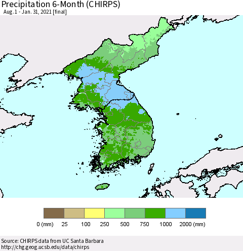 Korea Precipitation 6-Month (CHIRPS) Thematic Map For 8/1/2020 - 1/31/2021