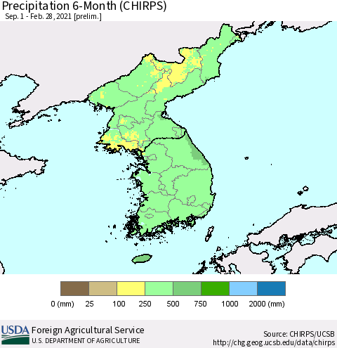 Korea Precipitation 6-Month (CHIRPS) Thematic Map For 9/1/2020 - 2/28/2021