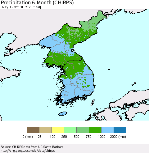 Korea Precipitation 6-Month (CHIRPS) Thematic Map For 5/1/2021 - 10/31/2021