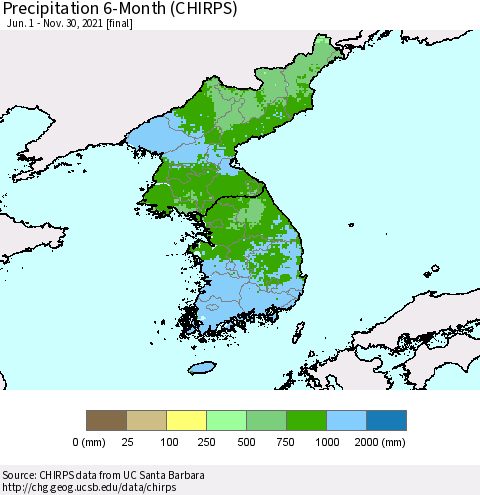 Korea Precipitation 6-Month (CHIRPS) Thematic Map For 6/1/2021 - 11/30/2021