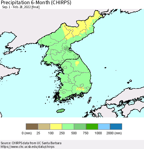 Korea Precipitation 6-Month (CHIRPS) Thematic Map For 9/1/2021 - 2/28/2022