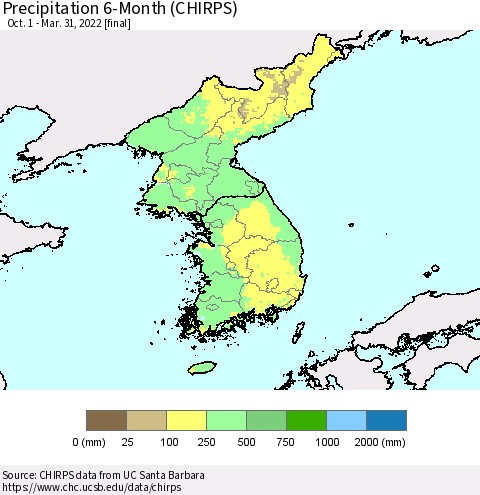 Korea Precipitation 6-Month (CHIRPS) Thematic Map For 10/1/2021 - 3/31/2022
