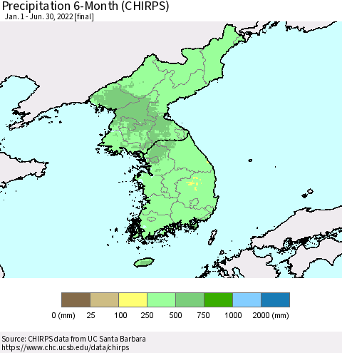 Korea Precipitation 6-Month (CHIRPS) Thematic Map For 1/1/2022 - 6/30/2022