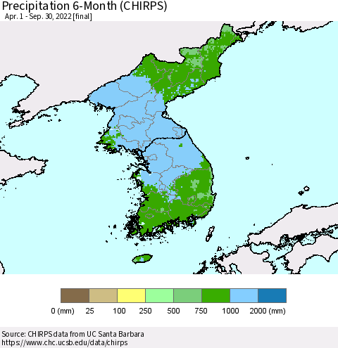 Korea Precipitation 6-Month (CHIRPS) Thematic Map For 4/1/2022 - 9/30/2022