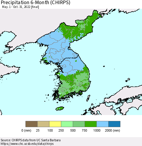 Korea Precipitation 6-Month (CHIRPS) Thematic Map For 5/1/2022 - 10/31/2022