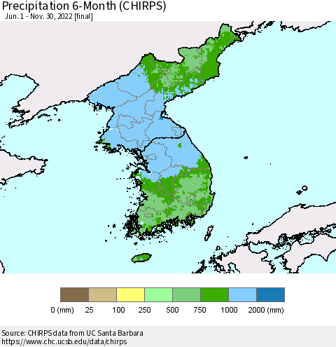 Korea Precipitation 6-Month (CHIRPS) Thematic Map For 6/1/2022 - 11/30/2022