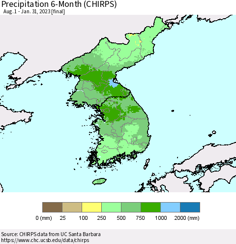 Korea Precipitation 6-Month (CHIRPS) Thematic Map For 8/1/2022 - 1/31/2023