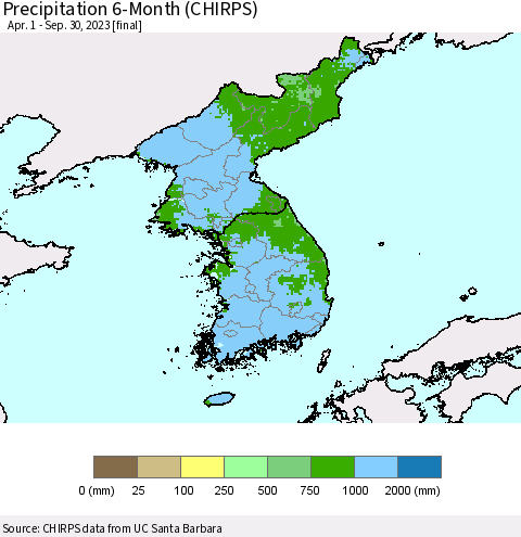 Korea Precipitation 6-Month (CHIRPS) Thematic Map For 4/1/2023 - 9/30/2023