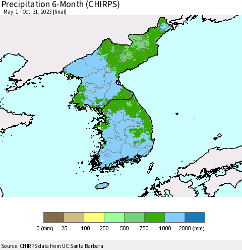 Korea Precipitation 6-Month (CHIRPS) Thematic Map For 5/1/2023 - 10/31/2023