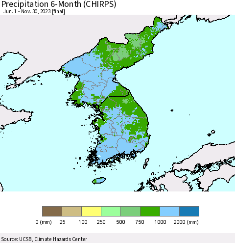 Korea Precipitation 6-Month (CHIRPS) Thematic Map For 6/1/2023 - 11/30/2023