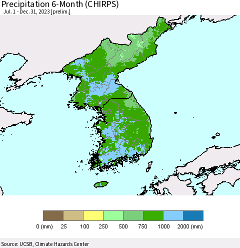 Korea Precipitation 6-Month (CHIRPS) Thematic Map For 7/1/2023 - 12/31/2023