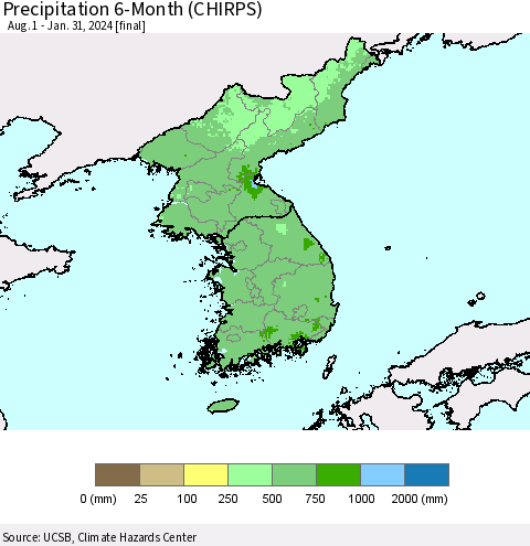 Korea Precipitation 6-Month (CHIRPS) Thematic Map For 8/1/2023 - 1/31/2024