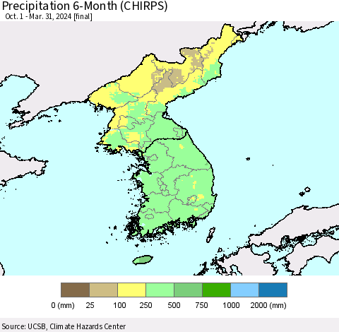 Korea Precipitation 6-Month (CHIRPS) Thematic Map For 10/1/2023 - 3/31/2024