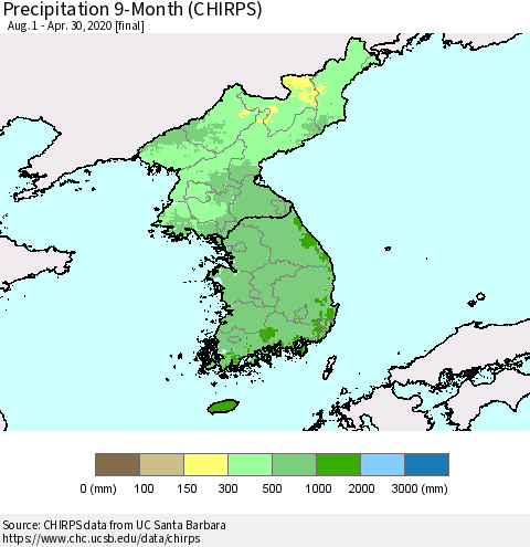 Korea Precipitation 9-Month (CHIRPS) Thematic Map For 8/1/2019 - 4/30/2020