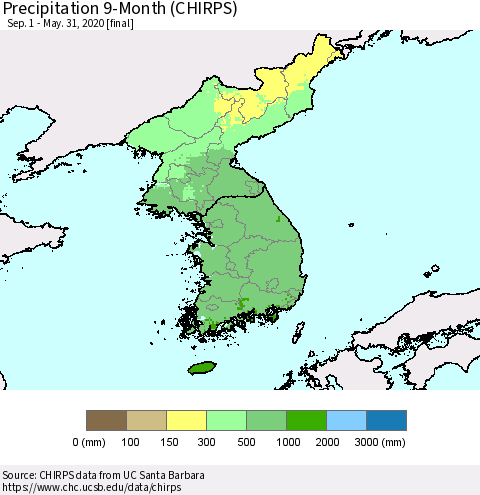 Korea Precipitation 9-Month (CHIRPS) Thematic Map For 9/1/2019 - 5/31/2020