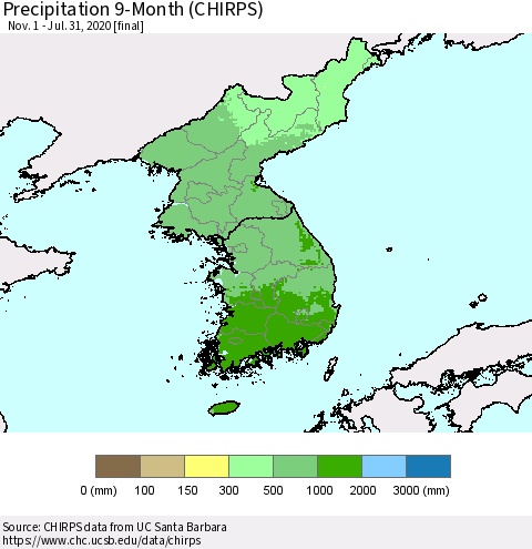 Korea Precipitation 9-Month (CHIRPS) Thematic Map For 11/1/2019 - 7/31/2020