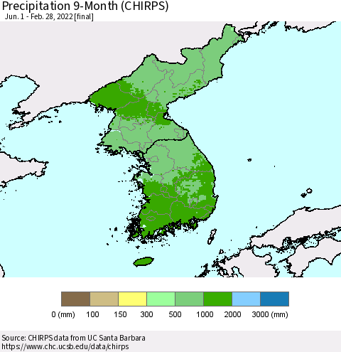 Korea Precipitation 9-Month (CHIRPS) Thematic Map For 6/1/2021 - 2/28/2022