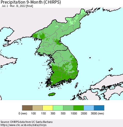 Korea Precipitation 9-Month (CHIRPS) Thematic Map For 7/1/2021 - 3/31/2022
