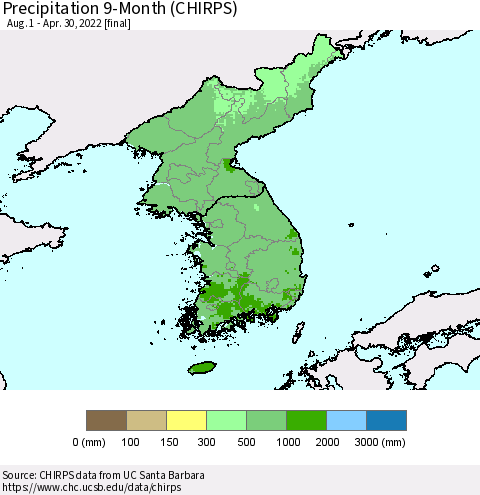 Korea Precipitation 9-Month (CHIRPS) Thematic Map For 8/1/2021 - 4/30/2022