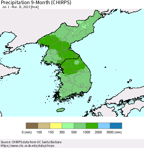 Korea Precipitation 9-Month (CHIRPS) Thematic Map For 7/1/2022 - 3/31/2023