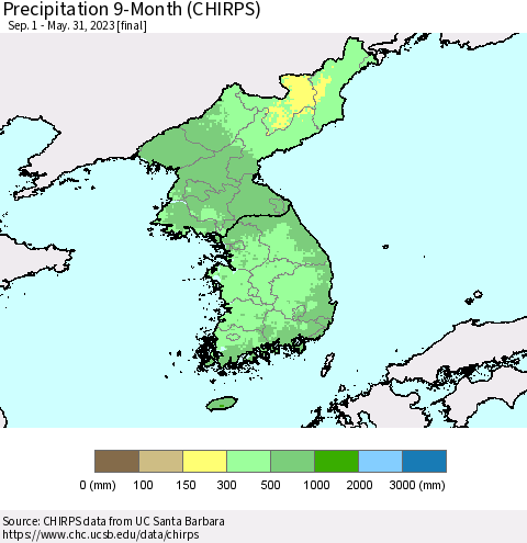 Korea Precipitation 9-Month (CHIRPS) Thematic Map For 9/1/2022 - 5/31/2023