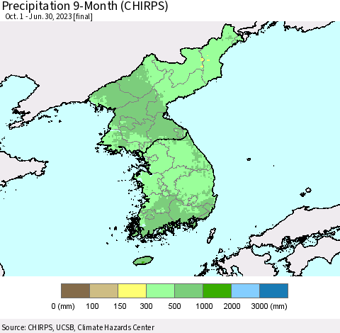 Korea Precipitation 9-Month (CHIRPS) Thematic Map For 10/1/2022 - 6/30/2023