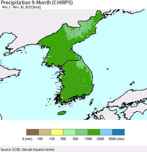 Korea Precipitation 9-Month (CHIRPS) Thematic Map For 3/1/2023 - 11/30/2023