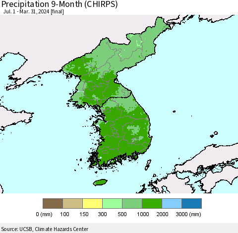 Korea Precipitation 9-Month (CHIRPS) Thematic Map For 7/1/2023 - 3/31/2024