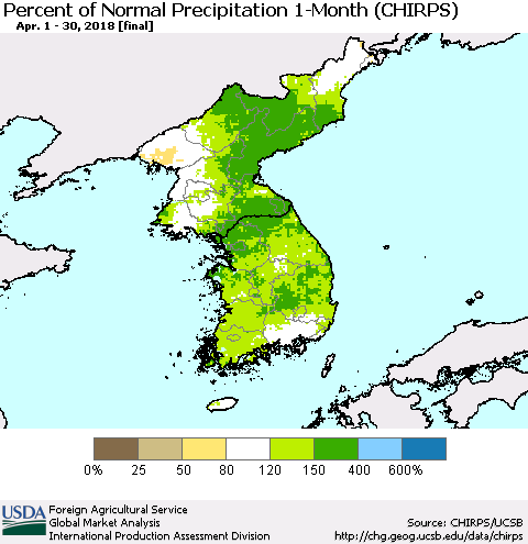 Korea Percent of Normal Precipitation 1-Month (CHIRPS) Thematic Map For 4/1/2018 - 4/30/2018