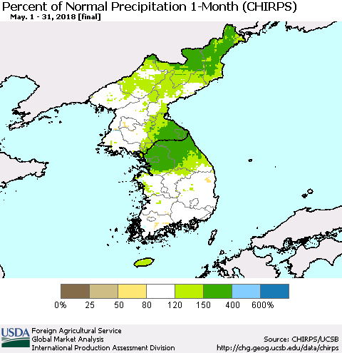 Korea Percent of Normal Precipitation 1-Month (CHIRPS) Thematic Map For 5/1/2018 - 5/31/2018