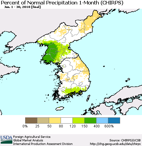 Korea Percent of Normal Precipitation 1-Month (CHIRPS) Thematic Map For 6/1/2018 - 6/30/2018