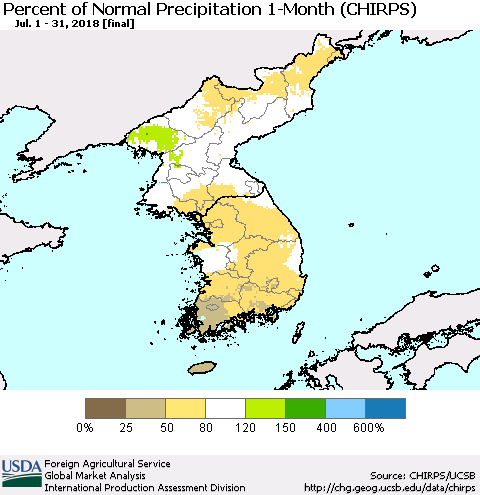 Korea Percent of Normal Precipitation 1-Month (CHIRPS) Thematic Map For 7/1/2018 - 7/31/2018