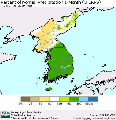 Korea Percent of Normal Precipitation 1-Month (CHIRPS) Thematic Map For 10/1/2018 - 10/31/2018