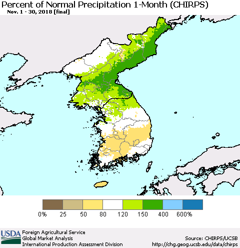 Korea Percent of Normal Precipitation 1-Month (CHIRPS) Thematic Map For 11/1/2018 - 11/30/2018