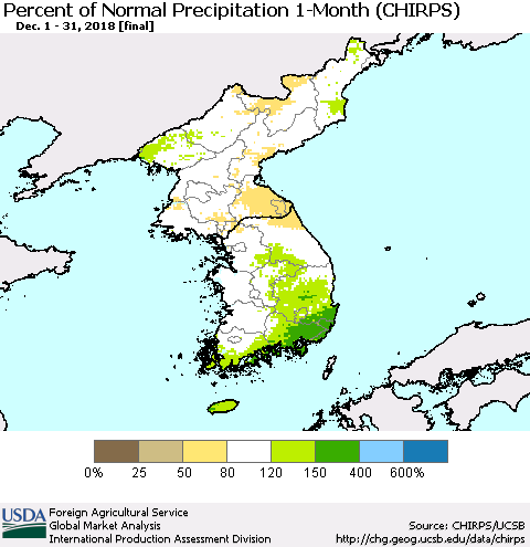 Korea Percent of Normal Precipitation 1-Month (CHIRPS) Thematic Map For 12/1/2018 - 12/31/2018