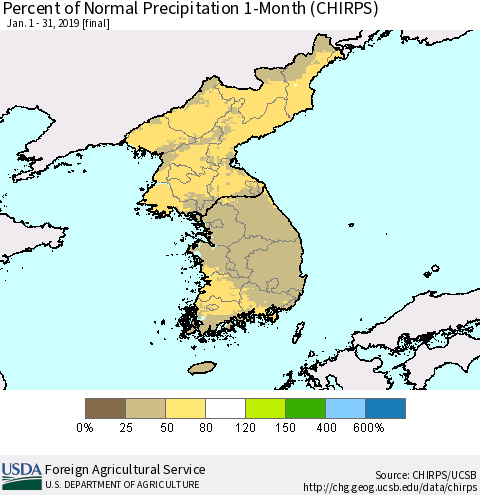 Korea Percent of Normal Precipitation 1-Month (CHIRPS) Thematic Map For 1/1/2019 - 1/31/2019