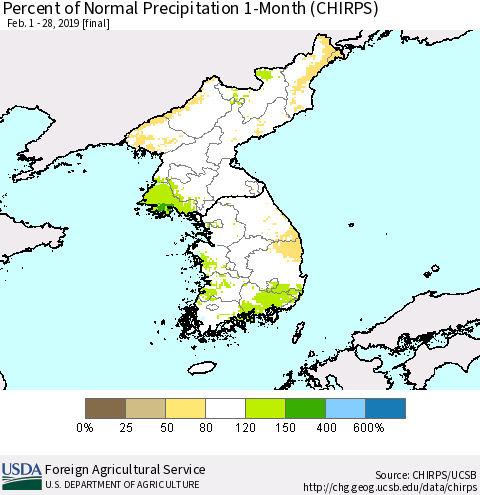 Korea Percent of Normal Precipitation 1-Month (CHIRPS) Thematic Map For 2/1/2019 - 2/28/2019