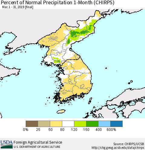 Korea Percent of Normal Precipitation 1-Month (CHIRPS) Thematic Map For 3/1/2019 - 3/31/2019